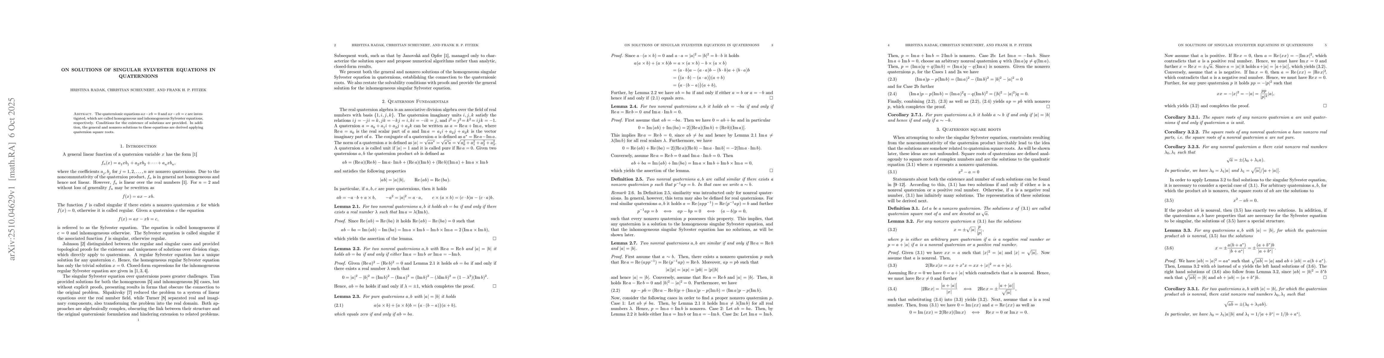 Thumbnail for On solutions of singular Sylvester equations in quaternions