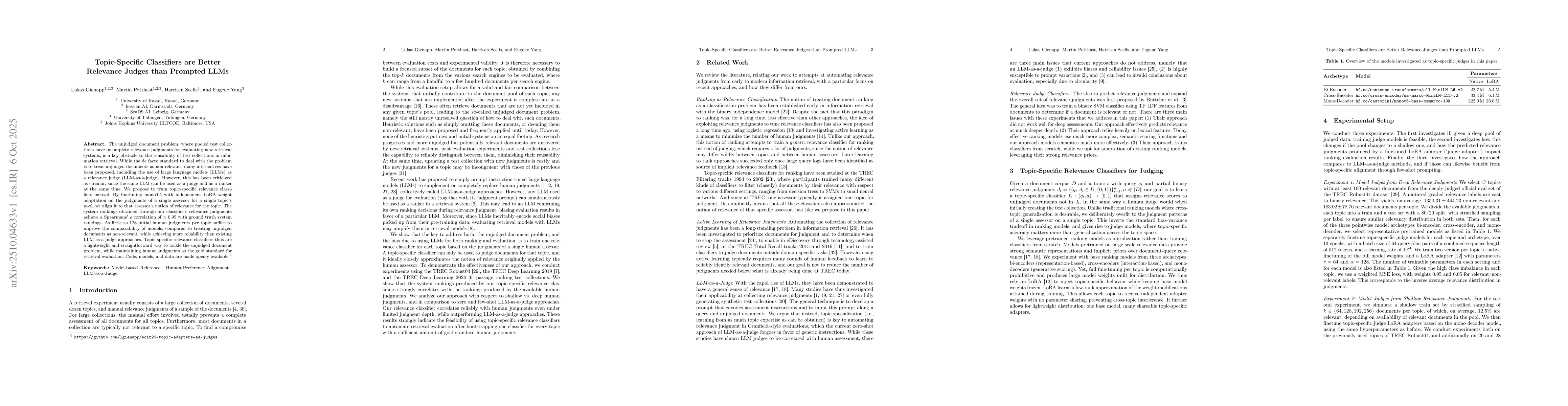 Thumbnail for Topic-Specific Classifiers are Better Relevance Judges than Prompted
  LLMs