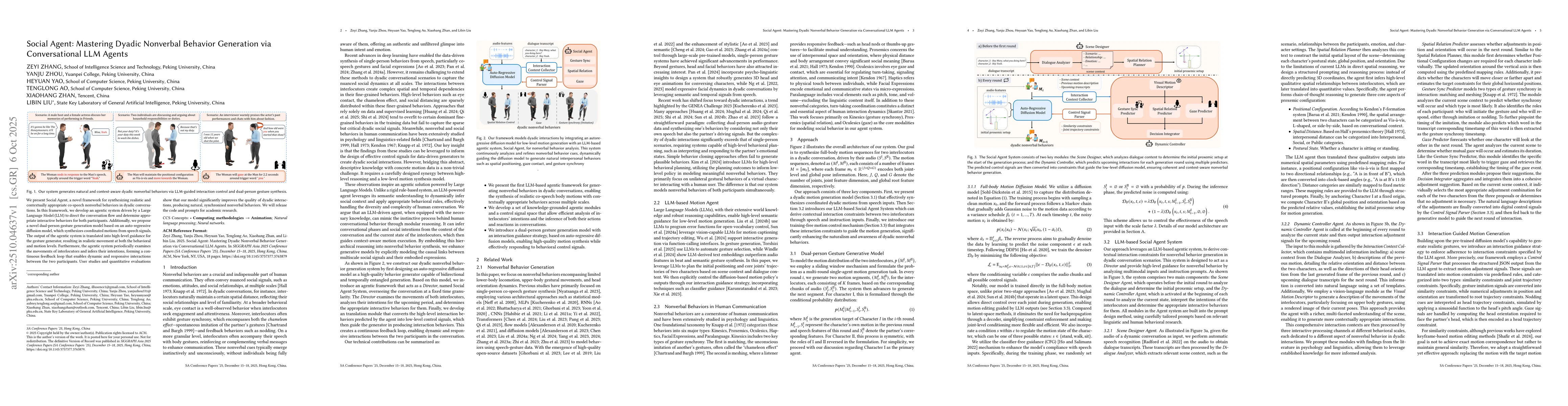 Thumbnail for Social Agent: Mastering Dyadic Nonverbal Behavior Generation via
  Conversational LLM Agents