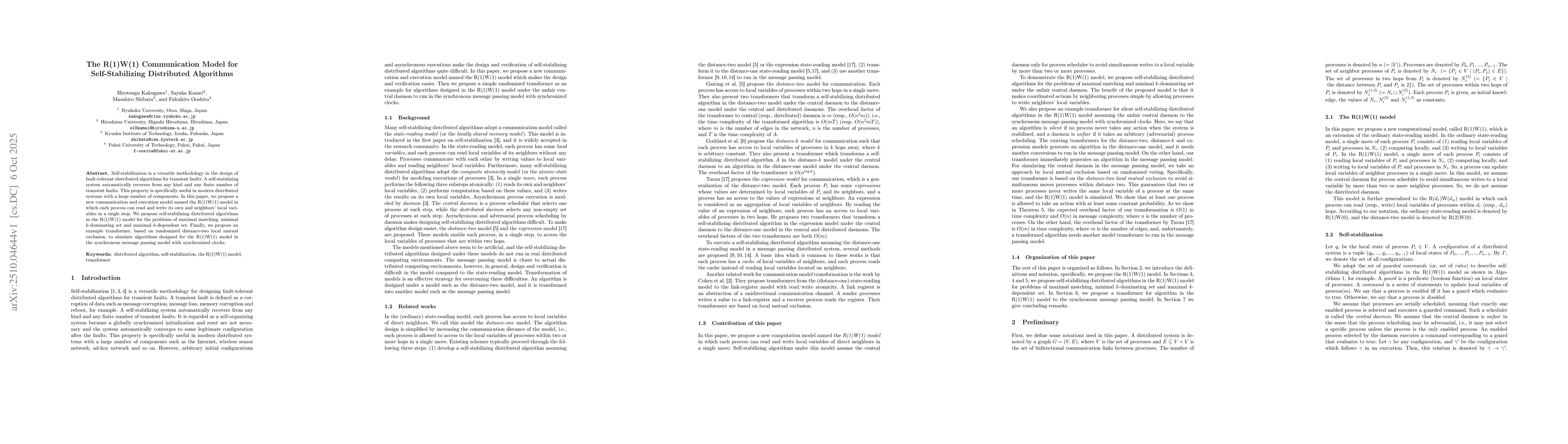 Thumbnail for The R(1)W(1) Communication Model for Self-Stabilizing Distributed
  Algorithms