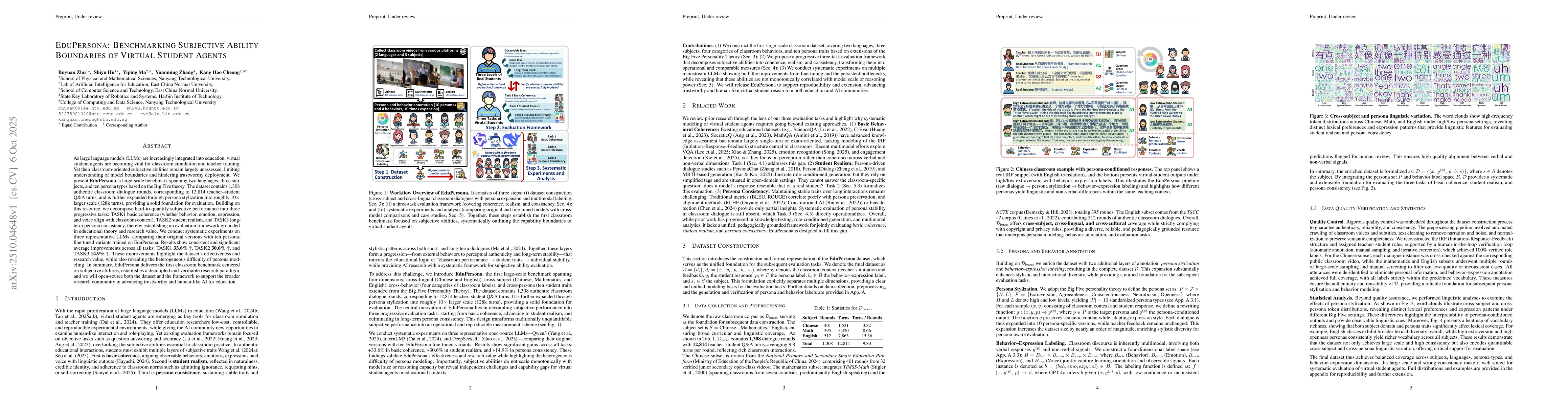 Thumbnail for EduPersona: Benchmarking Subjective Ability Boundaries of Virtual
  Student Agents