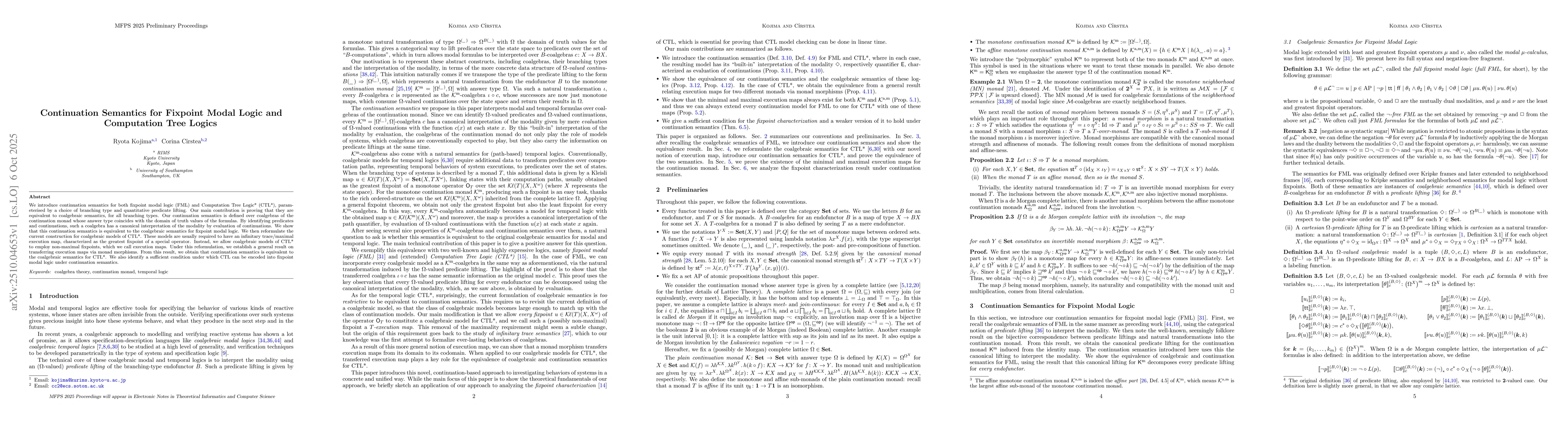 Thumbnail for Continuation Semantics for Fixpoint Modal Logic and Computation Tree
  Logics