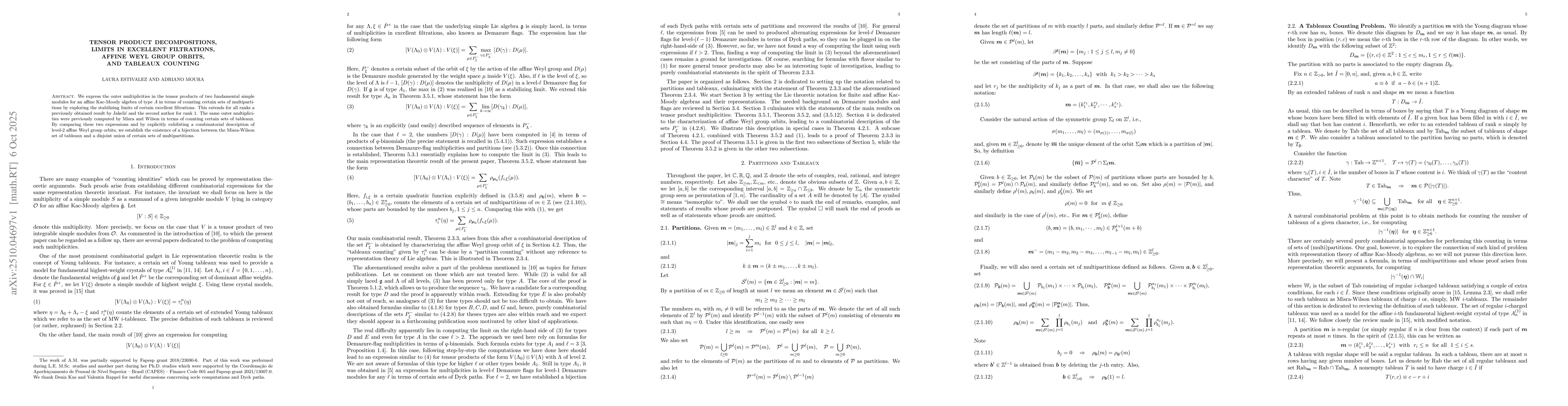 Thumbnail for Tensor Product Decompositions, Limits in Excellent Filtrations, Affine
  Weyl Group Orbits, and Tableaux Counting