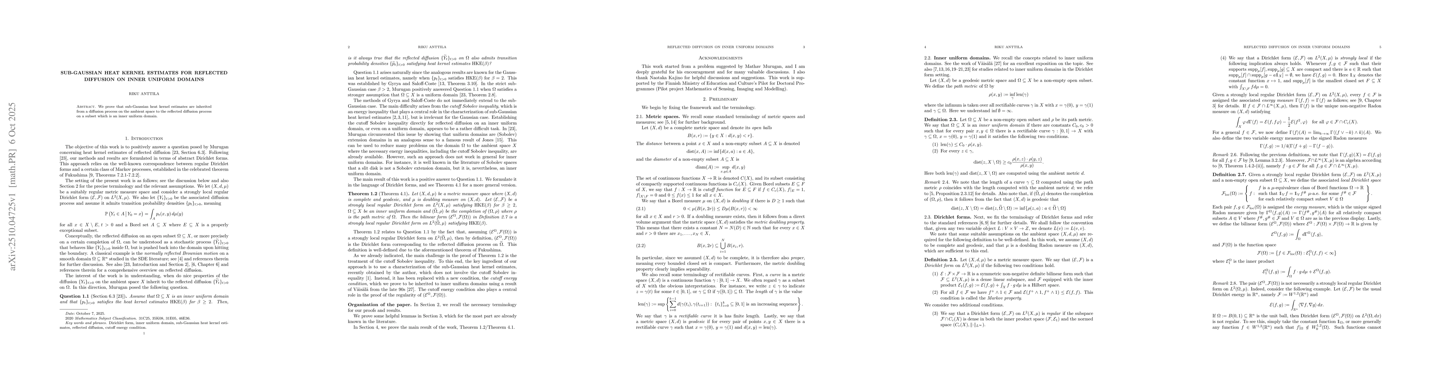 Thumbnail for Sub-Gaussian heat kernel estimates for reflected diffusion on inner
  uniform domains
