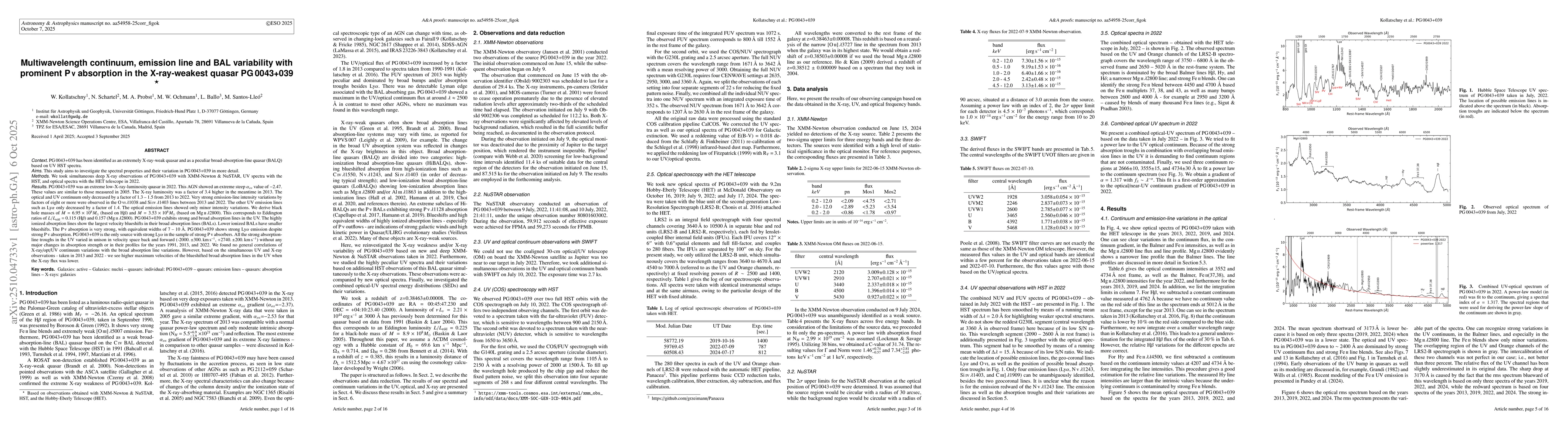 Thumbnail for Multiwavelength continuum, emission line and BAL variability with
  prominent PV absorption in the X-ray-weakest quasar PG0043+039