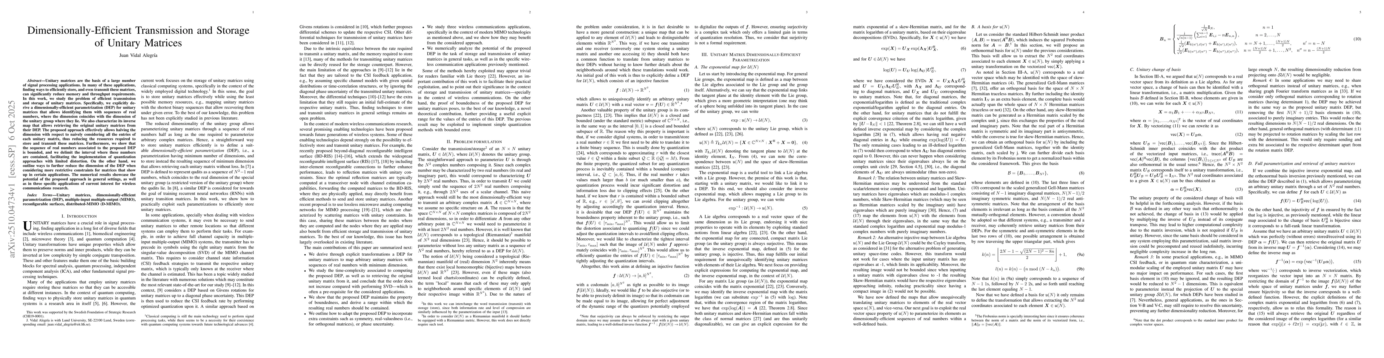 Thumbnail for Dimensionally-Efficient Transmission and Storage of Unitary Matrices