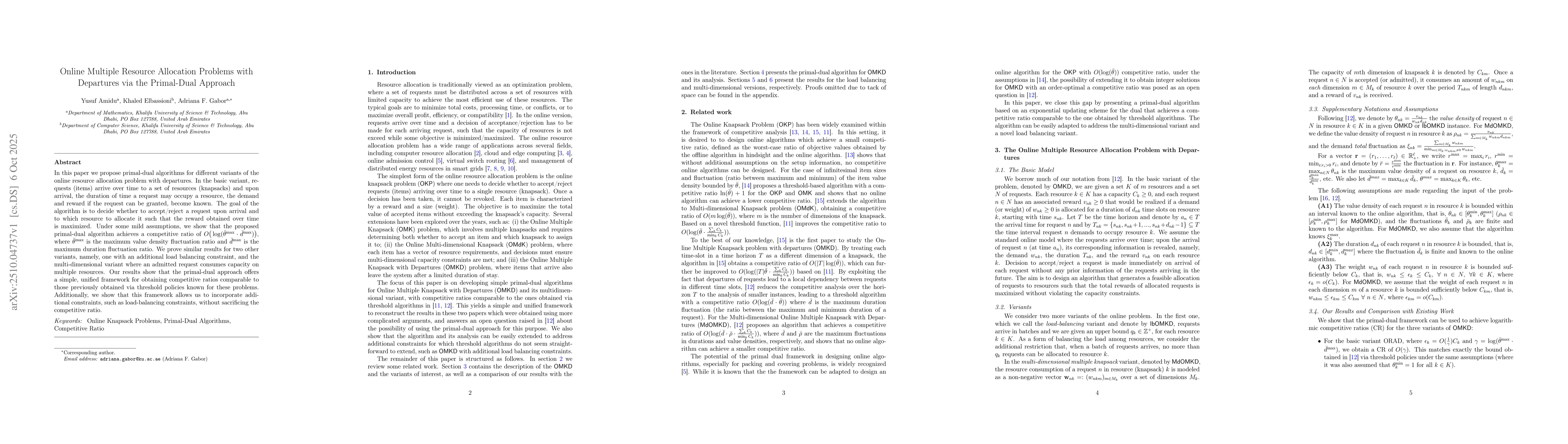 Thumbnail for Online Multiple Resource Allocation Problems with Departures via the
  Primal-Dual Approach