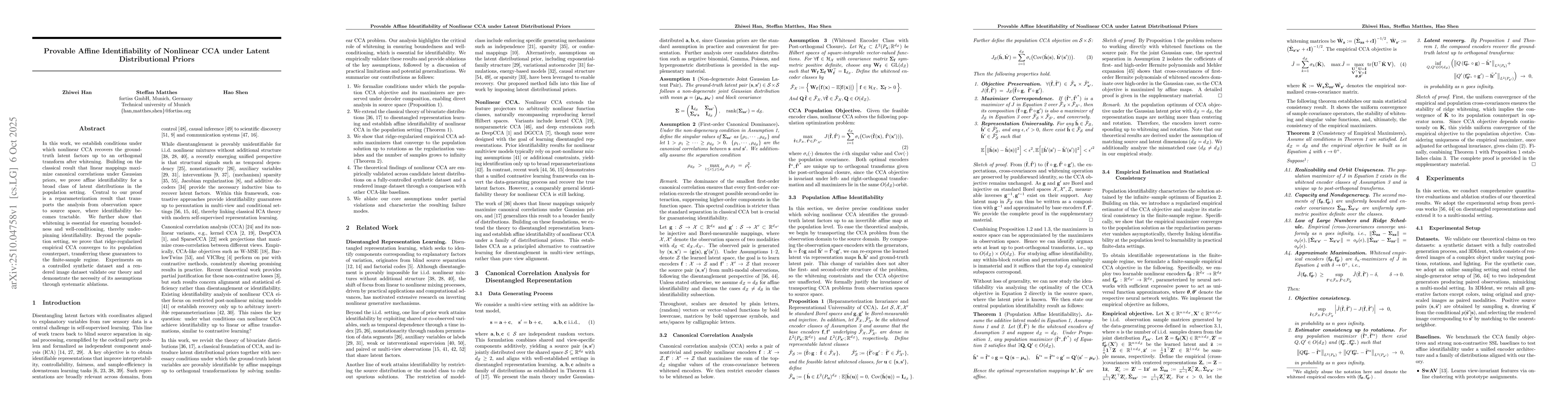 Thumbnail for Provable Affine Identifiability of Nonlinear CCA under Latent
  Distributional Priors