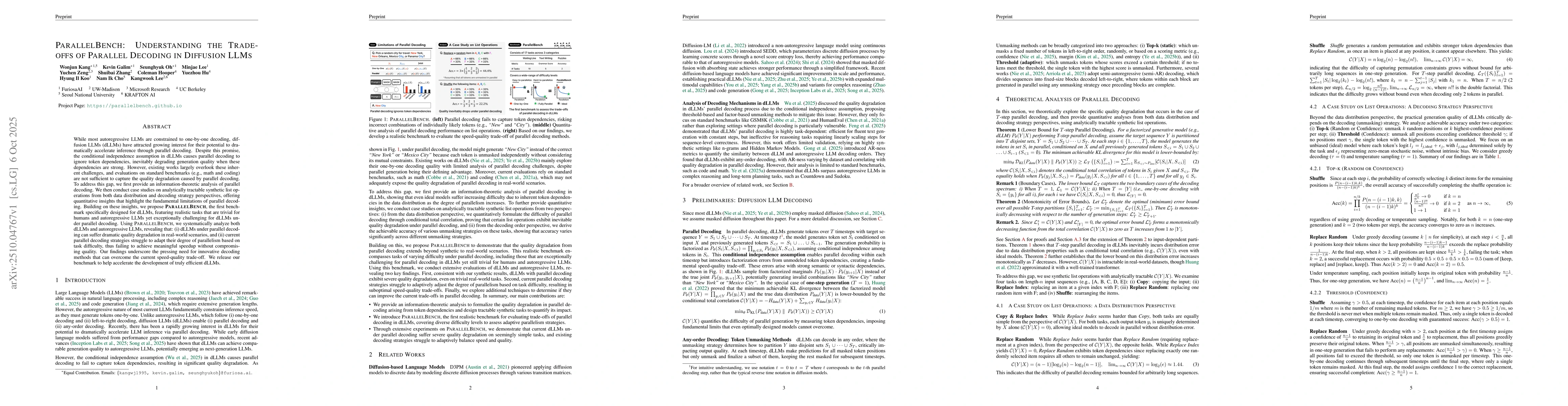Thumbnail for ParallelBench: Understanding the Trade-offs of Parallel Decoding in
  Diffusion LLMs
