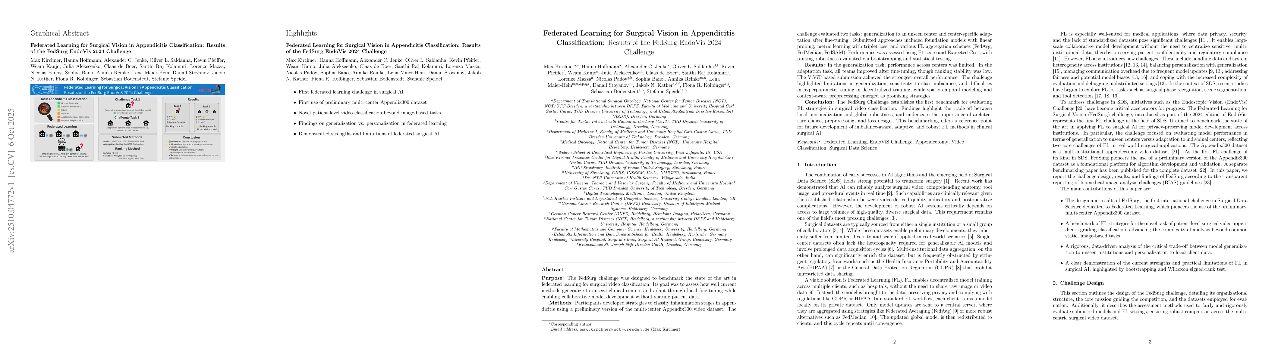 Thumbnail for Federated Learning for Surgical Vision in Appendicitis Classification:
  Results of the FedSurg EndoVis 2024 Challenge