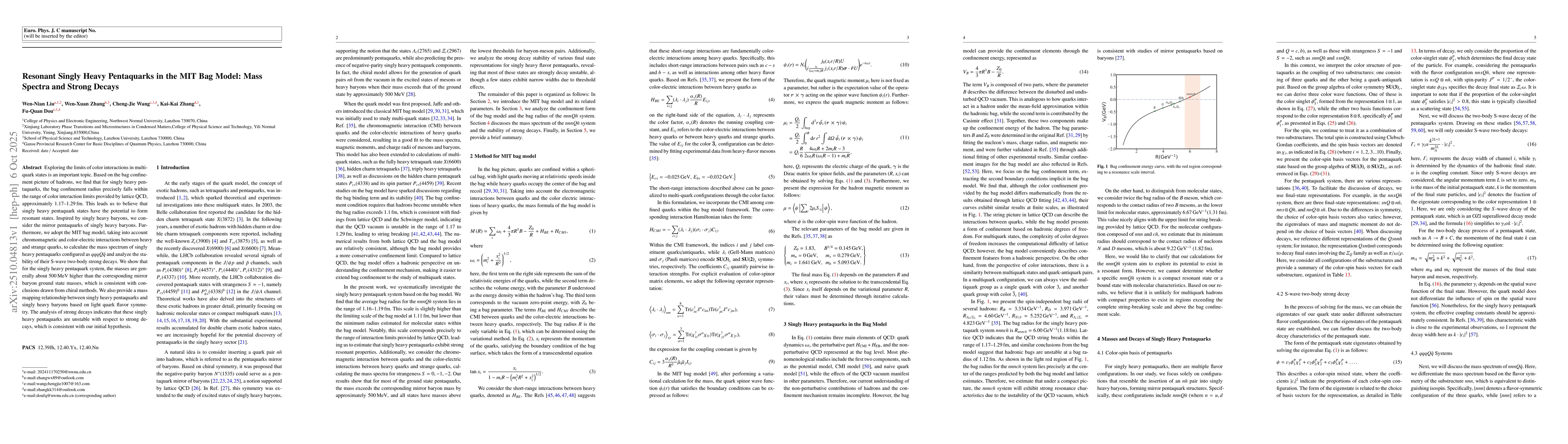 Thumbnail for Resonant Singly Heavy Pentaquarks in the MIT Bag Model: Mass Spectra and
  Strong Decays