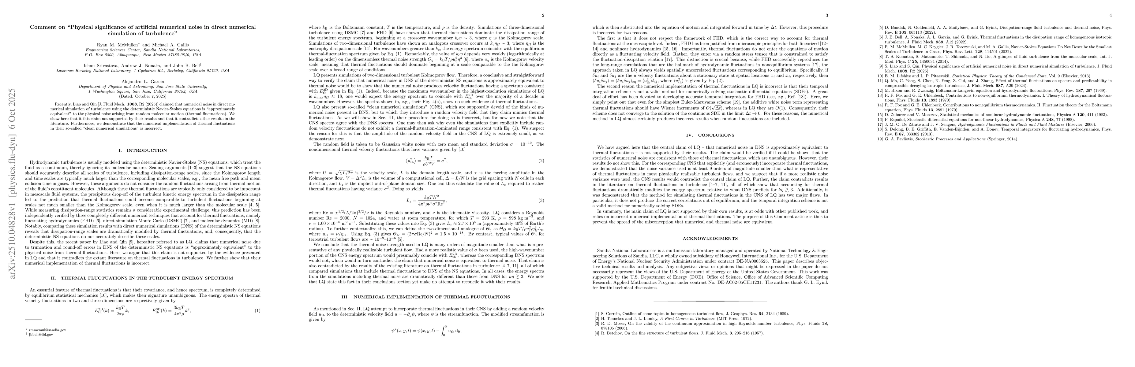 Thumbnail for Comment on "Physical significance of artificial numerical noise in
  direct numerical simulation of turbulence"
