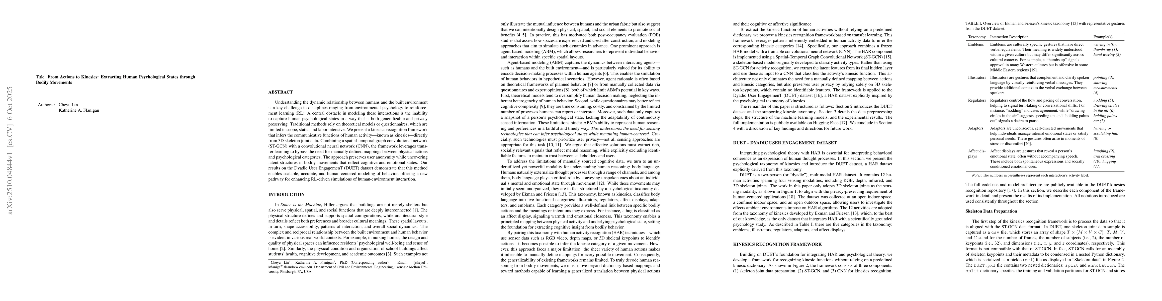 Thumbnail for From Actions to Kinesics: Extracting Human Psychological States through
  Bodily Movements