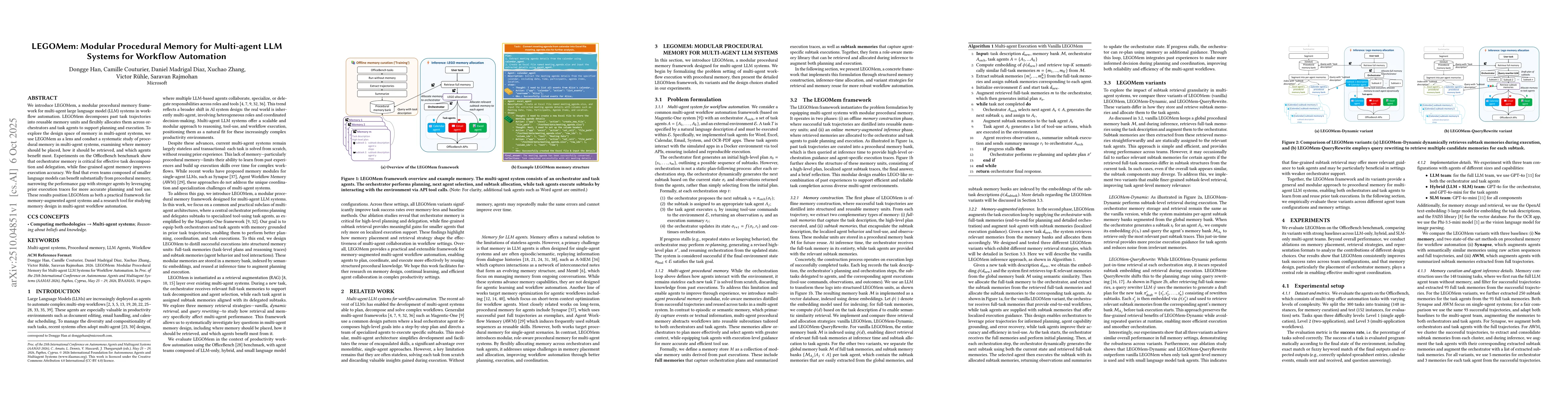 Thumbnail for LEGOMem: Modular Procedural Memory for Multi-agent LLM Systems for
  Workflow Automation