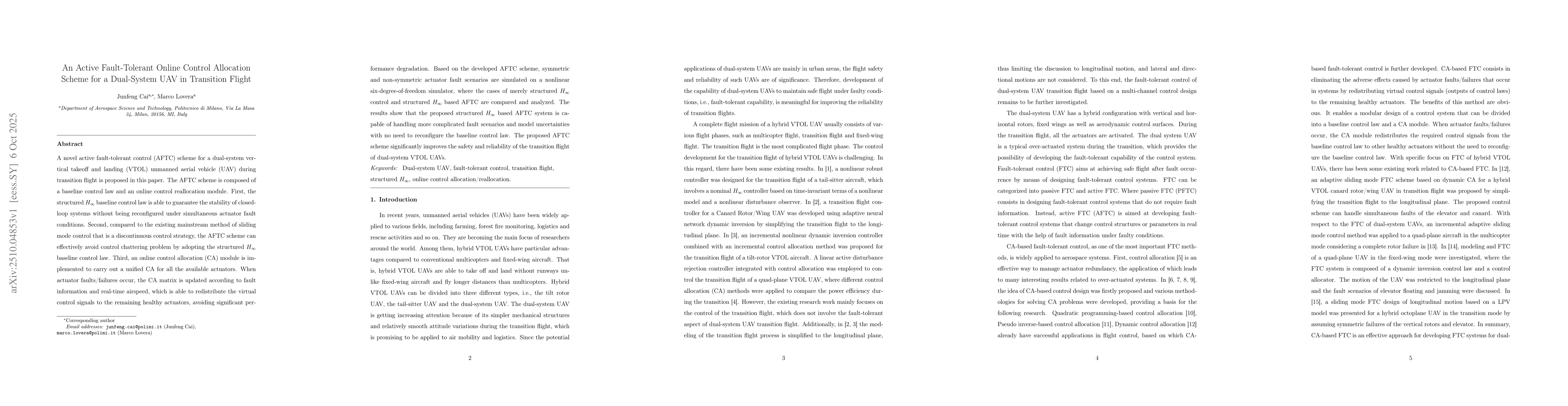 Thumbnail for An Active Fault-Tolerant Online Control Allocation Scheme for a
  Dual-System UAV in Transition Flight