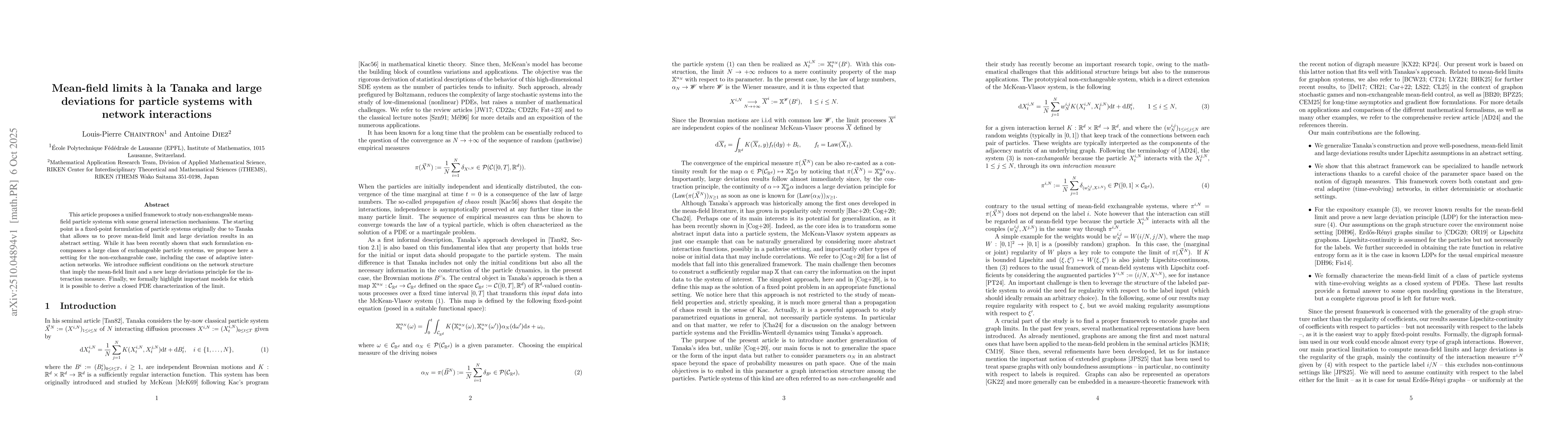 Thumbnail for Mean-field limits à la Tanaka and large deviations for particle
  systems with network interactions