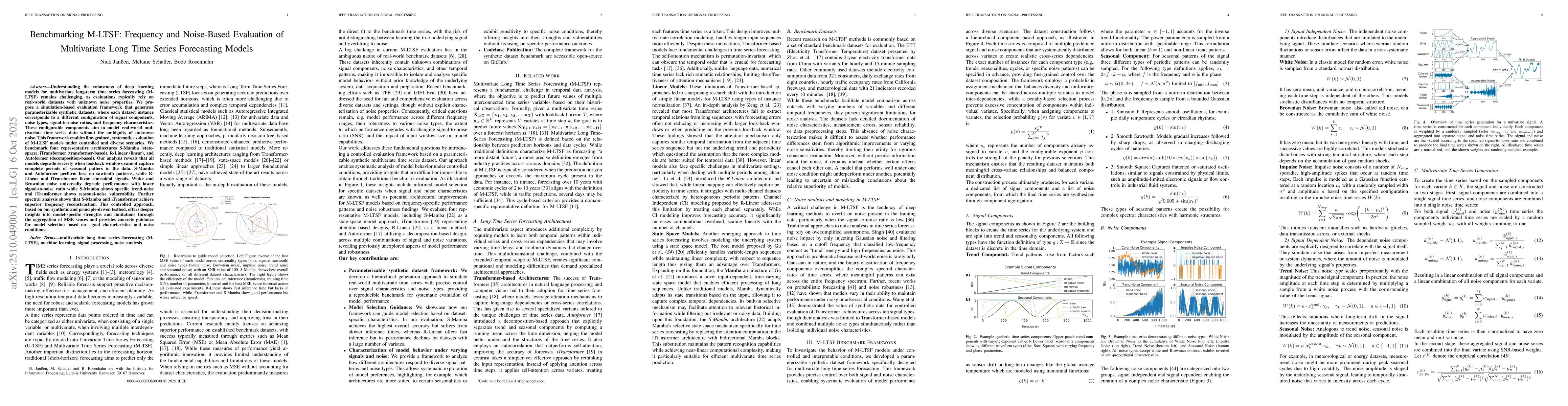 Thumbnail for Benchmarking M-LTSF: Frequency and Noise-Based Evaluation of
  Multivariate Long Time Series Forecasting Models