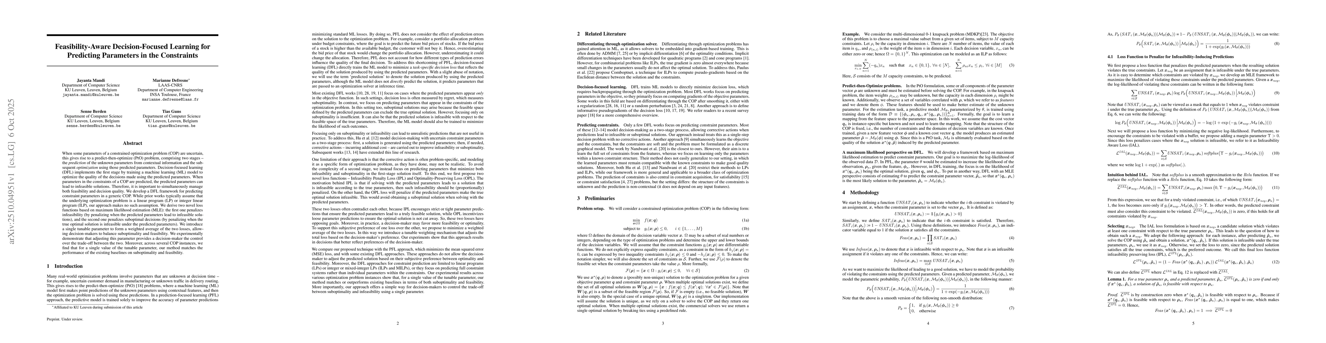 Thumbnail for Feasibility-Aware Decision-Focused Learning for Predicting Parameters in
  the Constraints