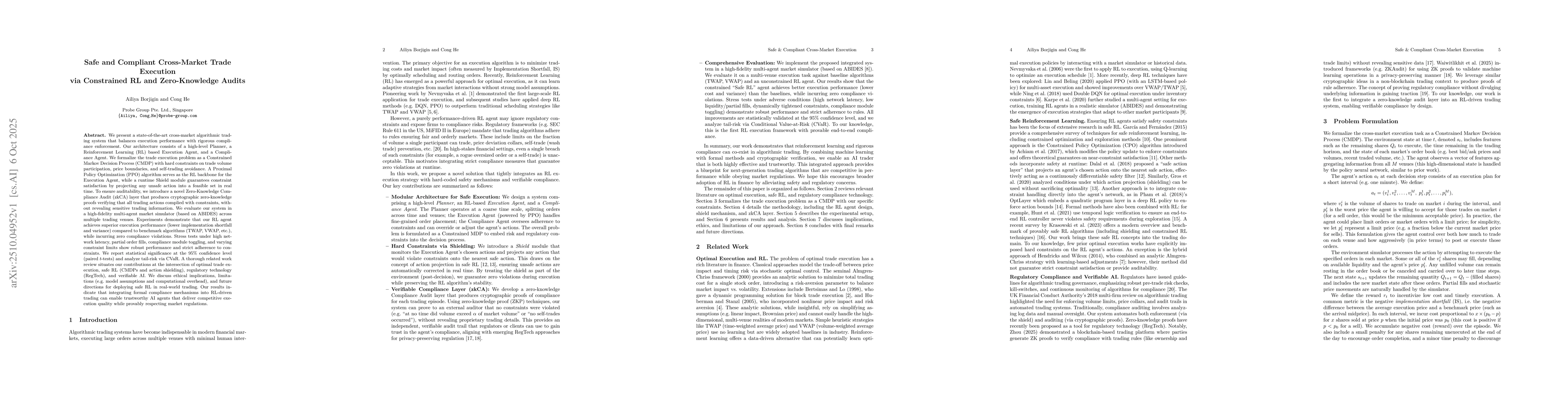 Thumbnail for Safe and Compliant Cross-Market Trade Execution via Constrained RL and
  Zero-Knowledge Audits
