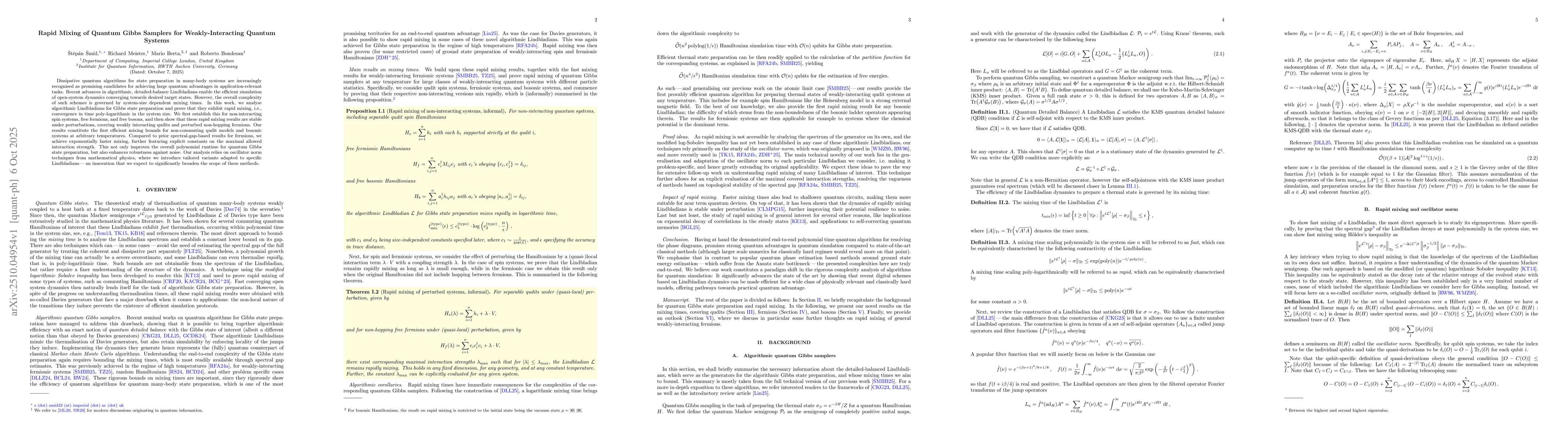 Thumbnail for Rapid Mixing of Quantum Gibbs Samplers for Weakly-Interacting Quantum
  Systems