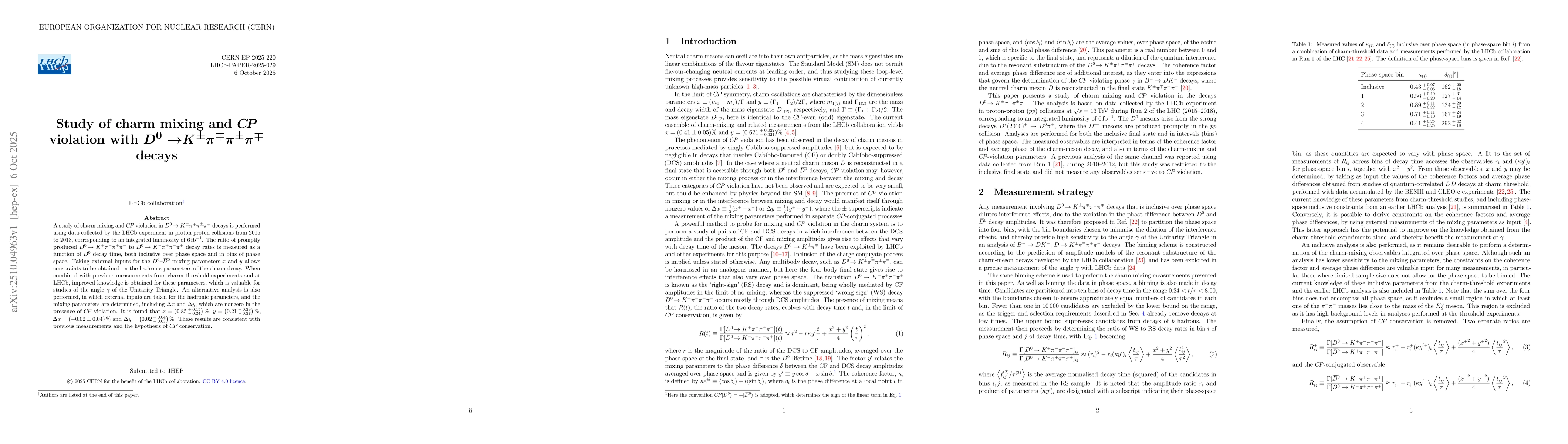 Thumbnail for Study of charm mixing and CP violation with $D^0\to
  K^\pmπ^\mpπ^\pmπ^\mp$ decays