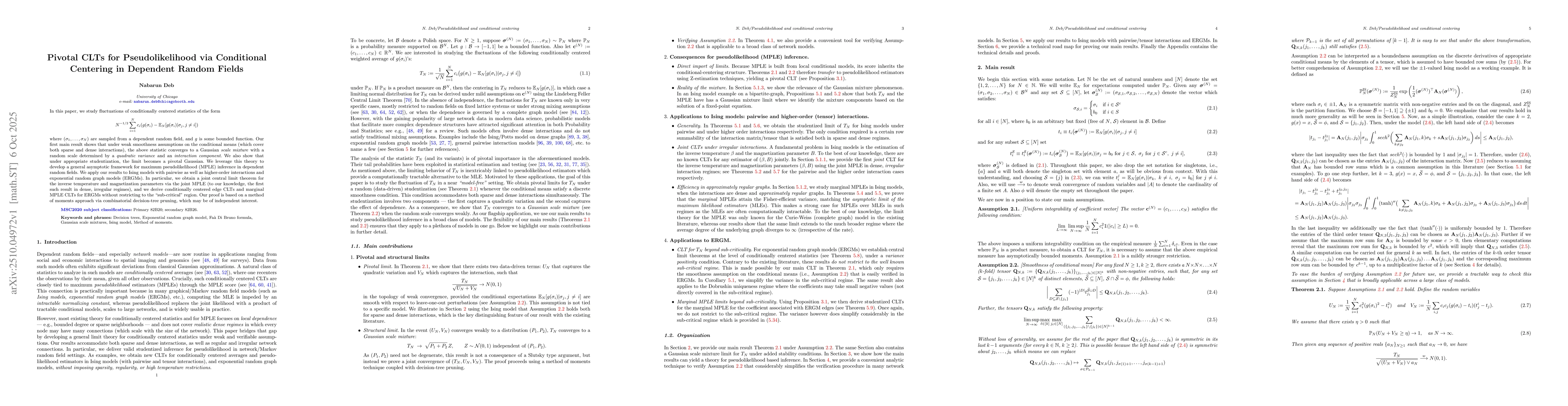 Thumbnail for Pivotal CLTs for Pseudolikelihood via Conditional Centering in Dependent
  Random Fields
