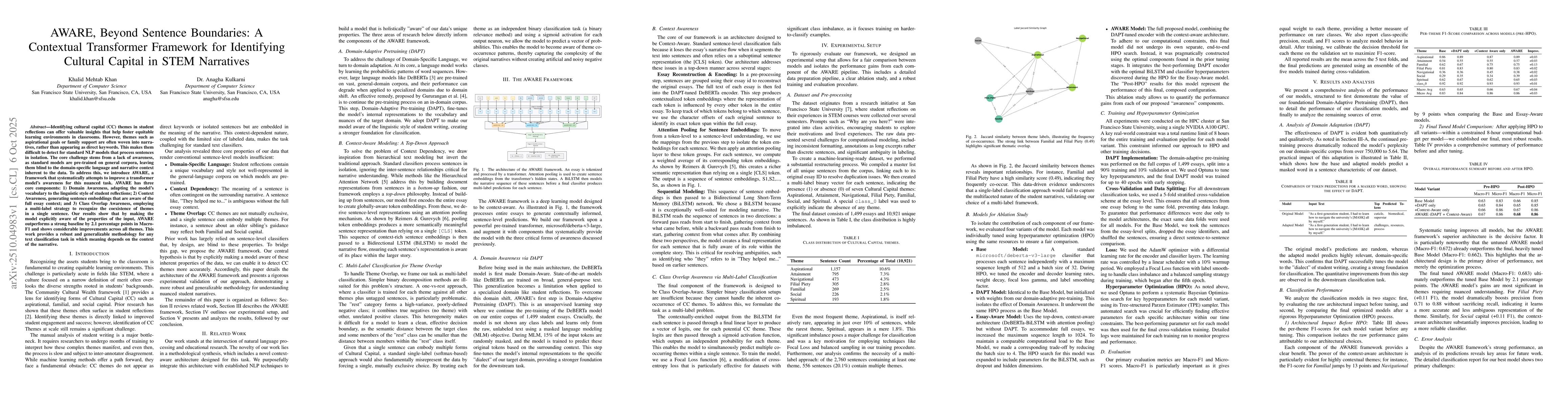 Thumbnail for AWARE, Beyond Sentence Boundaries: A Contextual Transformer Framework
  for Identifying Cultural Capital in STEM Narratives
