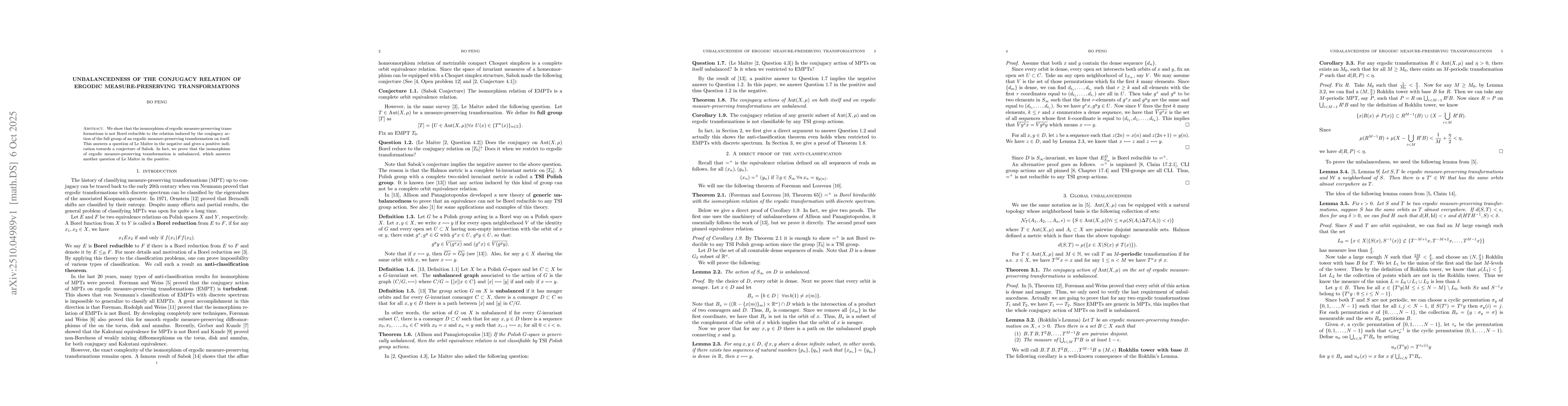 Thumbnail for Unbalancedness of the conjugacy relation of ergodic measure-preserving
  transformations