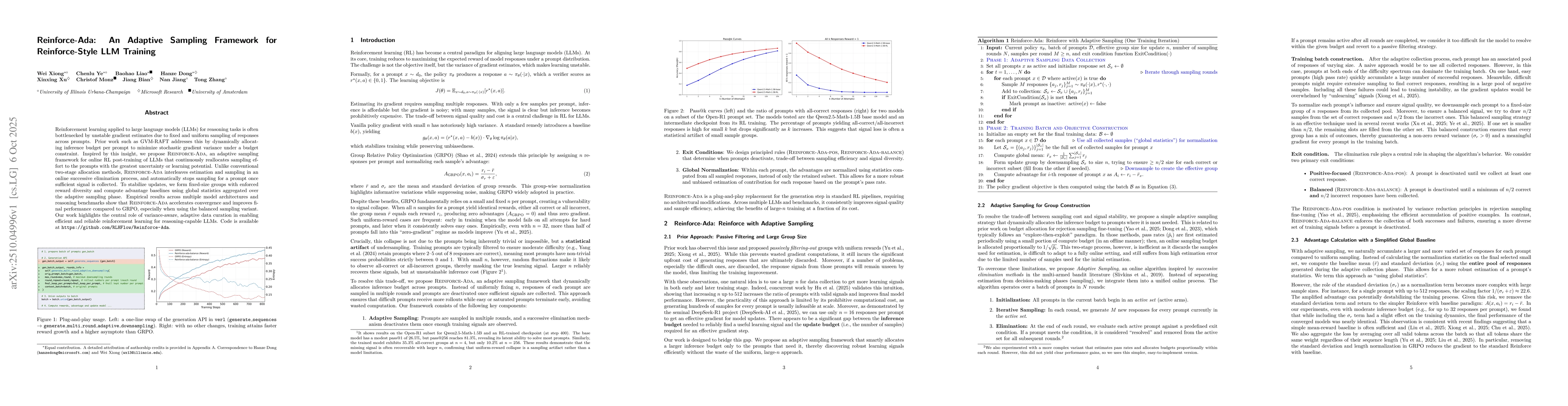 Thumbnail for Reinforce-Ada: An Adaptive Sampling Framework for Reinforce-Style LLM
  Training