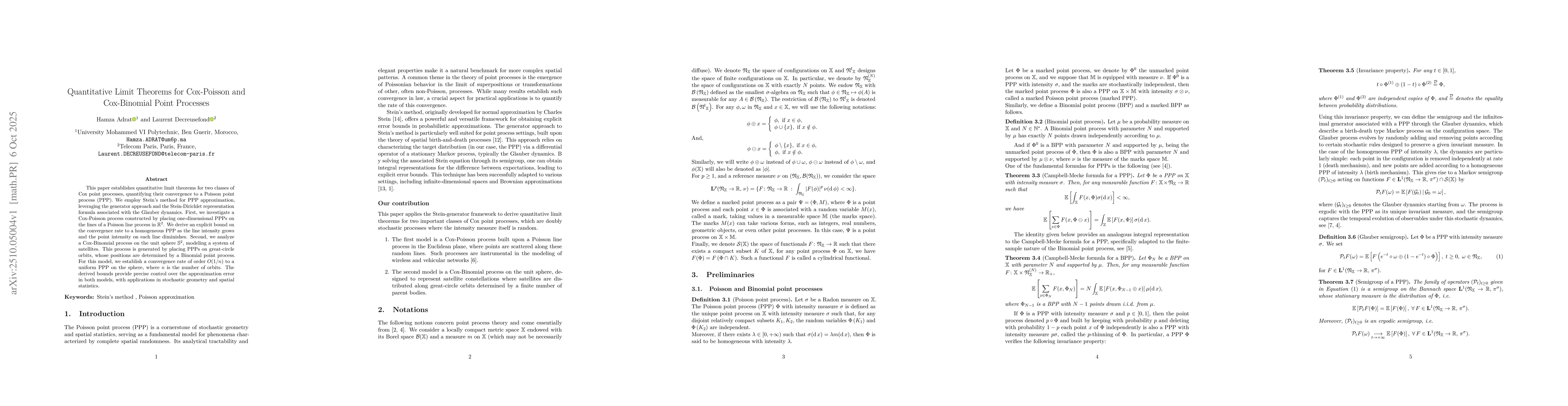Thumbnail for Quantitative Limit Theorems for Cox-Poisson and Cox-Binomial Point
  Processes