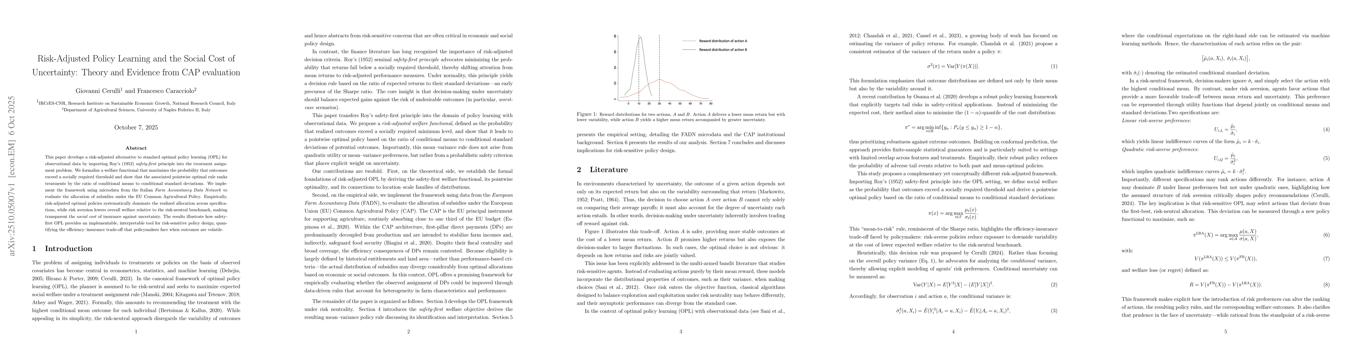 Thumbnail for Risk-Adjusted Policy Learning and the Social Cost of Uncertainty: Theory
  and Evidence from CAP evaluation