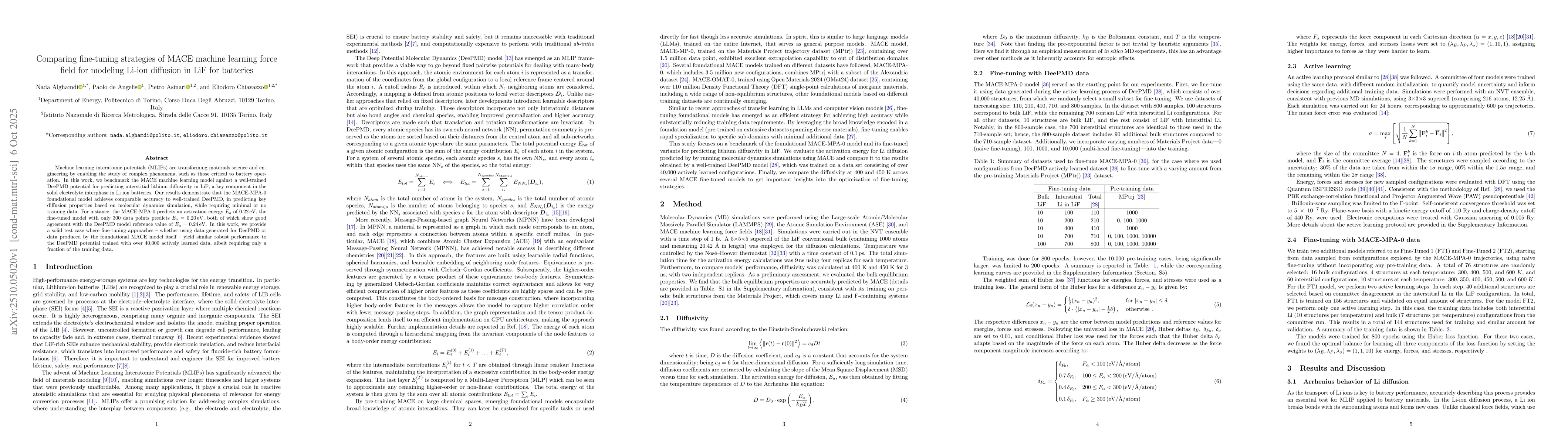 Thumbnail for Comparing fine-tuning strategies of MACE machine learning force field
  for modeling Li-ion diffusion in LiF for batteries