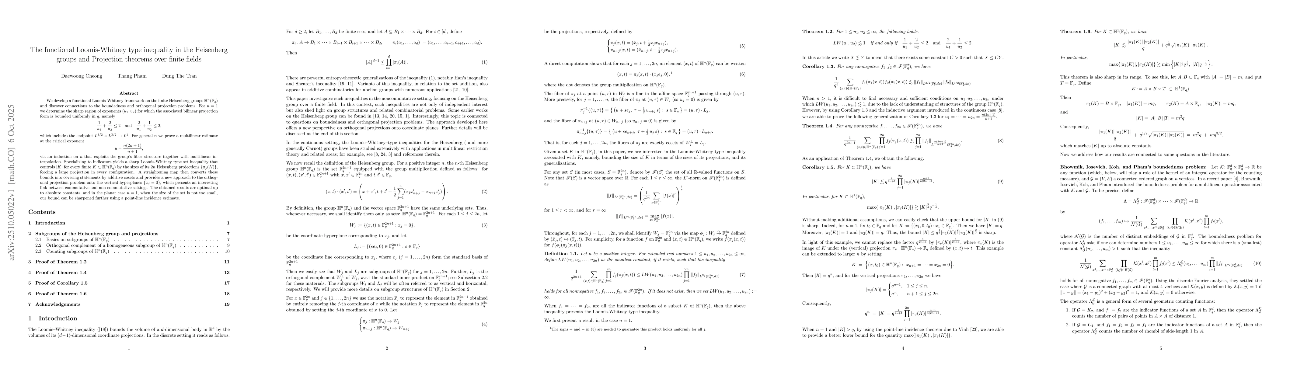 Thumbnail for The functional Loomis-Whitney type inequality in the Heisenberg groups
  and Projection theorems over finite fields