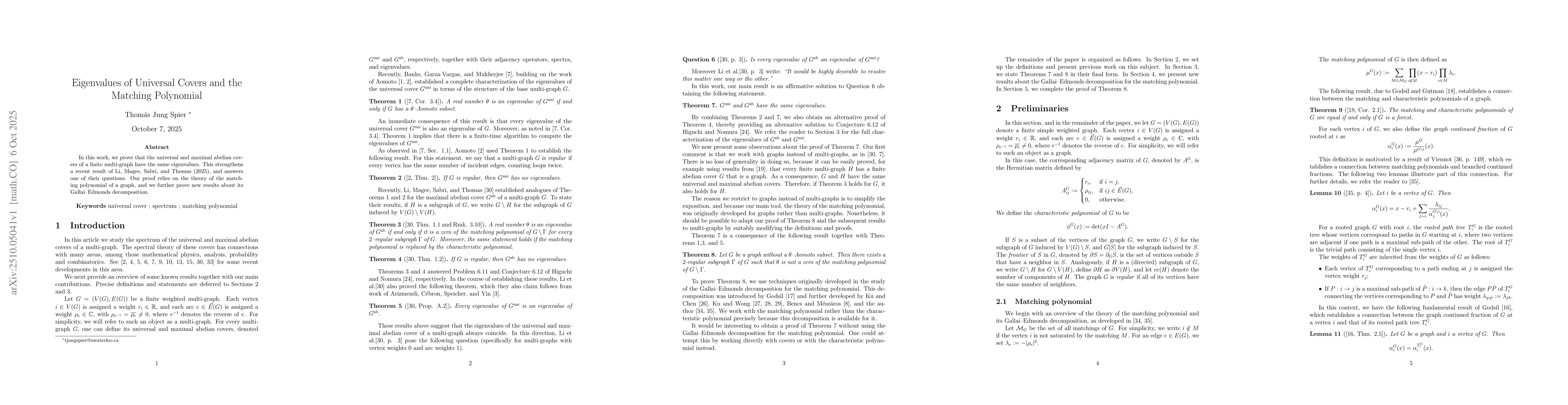 Thumbnail for Eigenvalues of Universal Covers and the Matching Polynomial