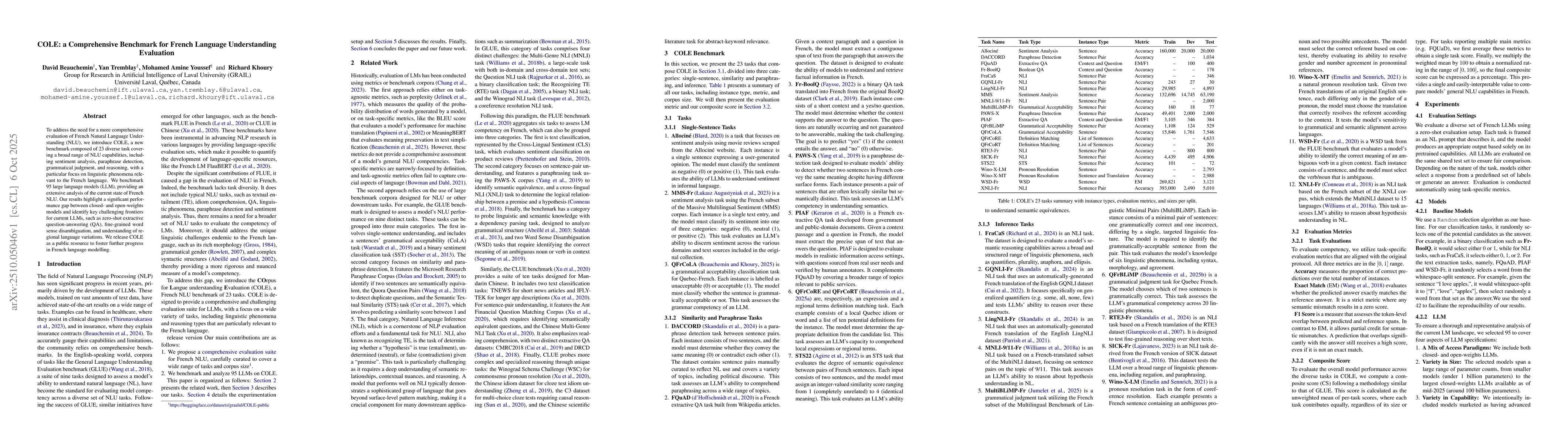 Thumbnail for COLE: a Comprehensive Benchmark for French Language Understanding
  Evaluation