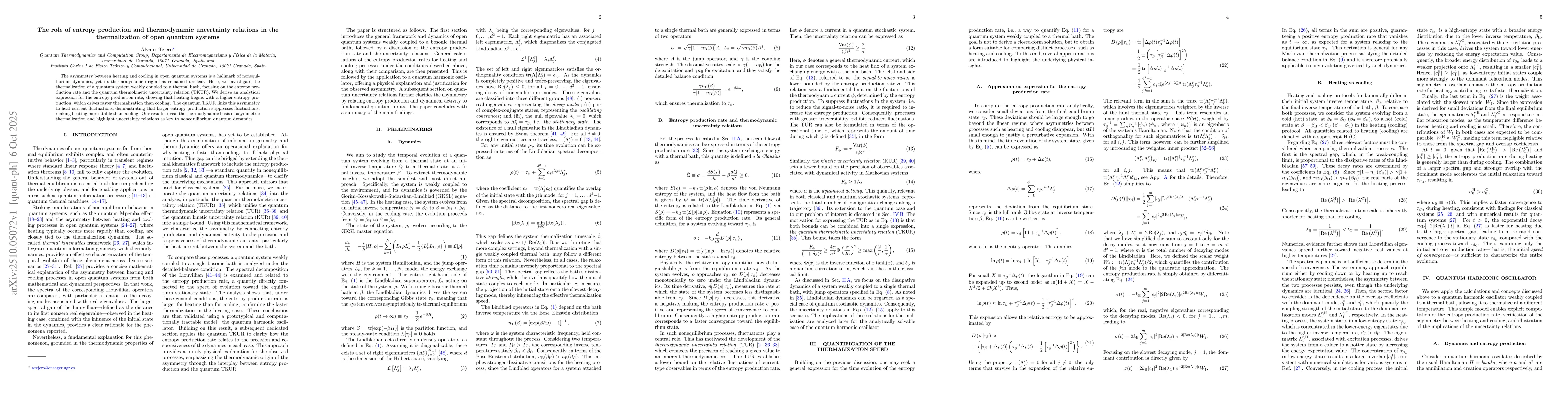 Thumbnail for The role of entropy production and thermodynamic uncertainty relations
  in the thermalization of open quantum systems