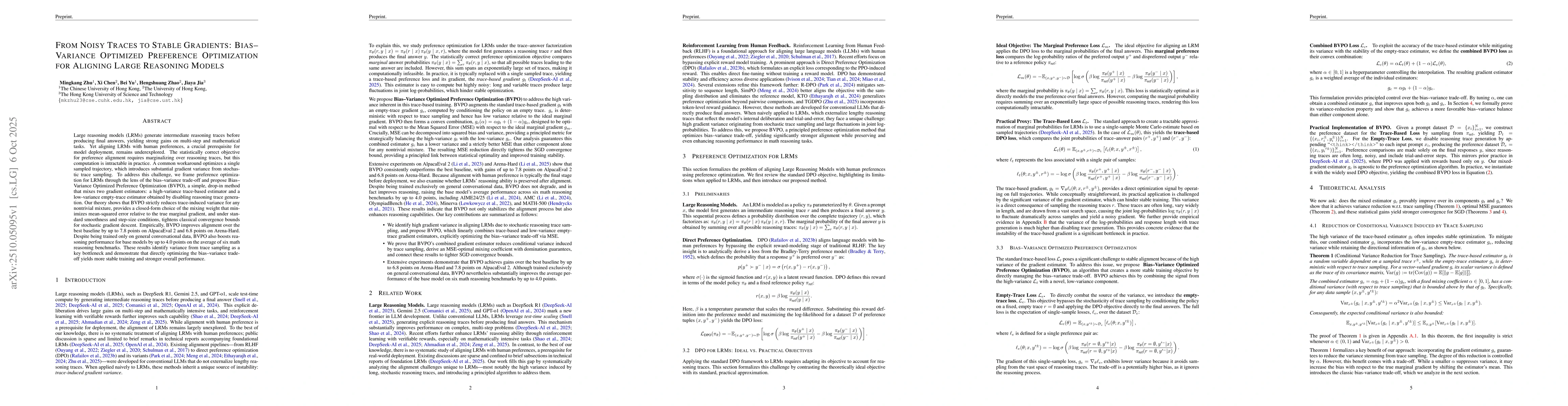 Thumbnail for From Noisy Traces to Stable Gradients: Bias-Variance Optimized
  Preference Optimization for Aligning Large Reasoning Models