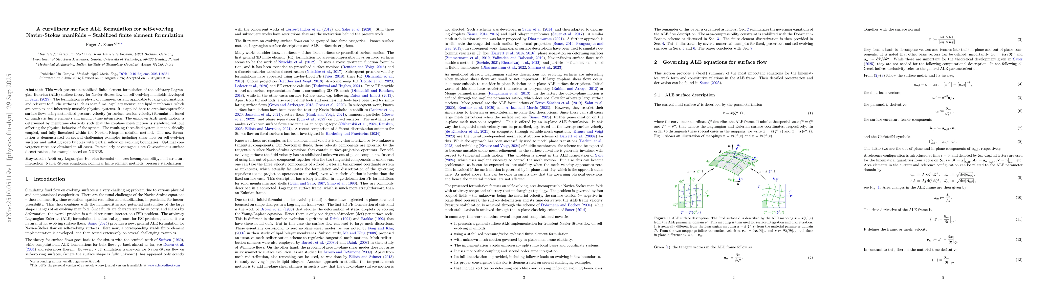 Thumbnail for A curvilinear surface ALE formulation for self-evolving Navier-Stokes
  manifolds - Stabilized finite element formulation