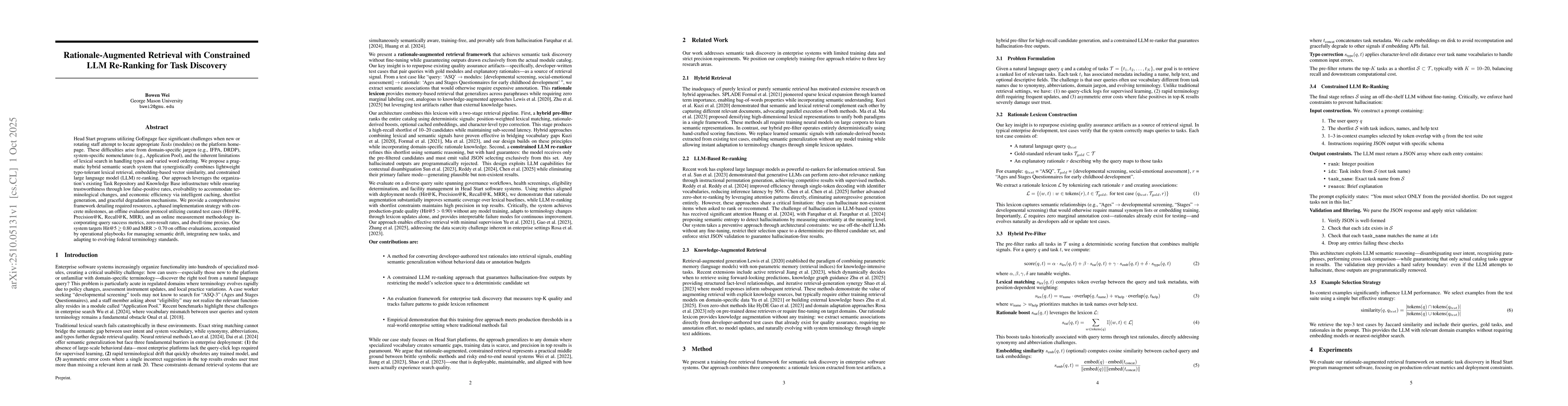 Thumbnail for Rationale-Augmented Retrieval with Constrained LLM Re-Ranking for Task
  Discovery