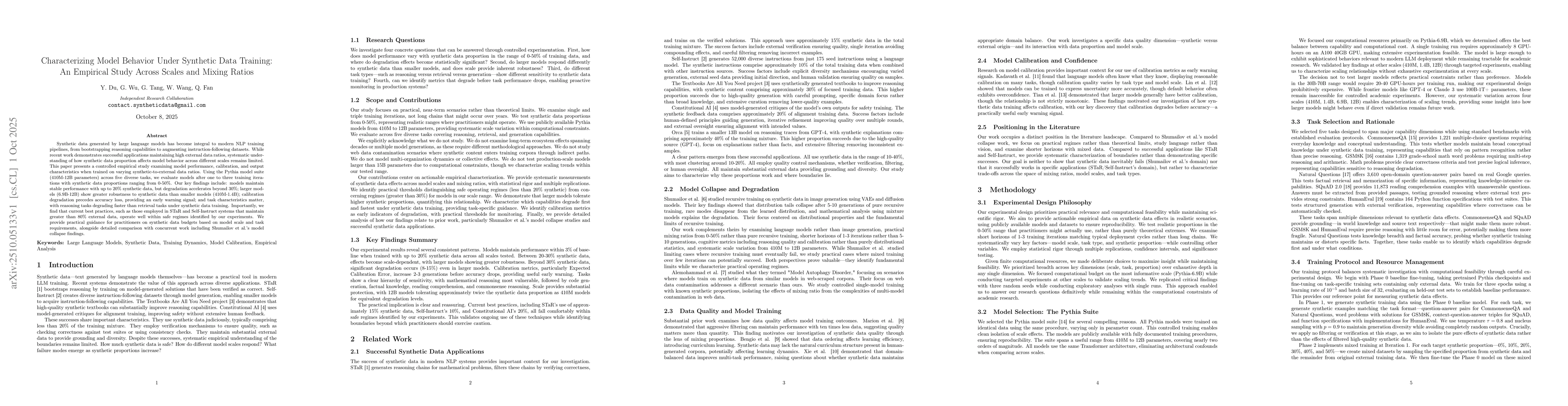 Thumbnail for Characterizing Model Behavior Under Synthetic Data Training: An
  Empirical Study Across Scales and Mixing Ratios