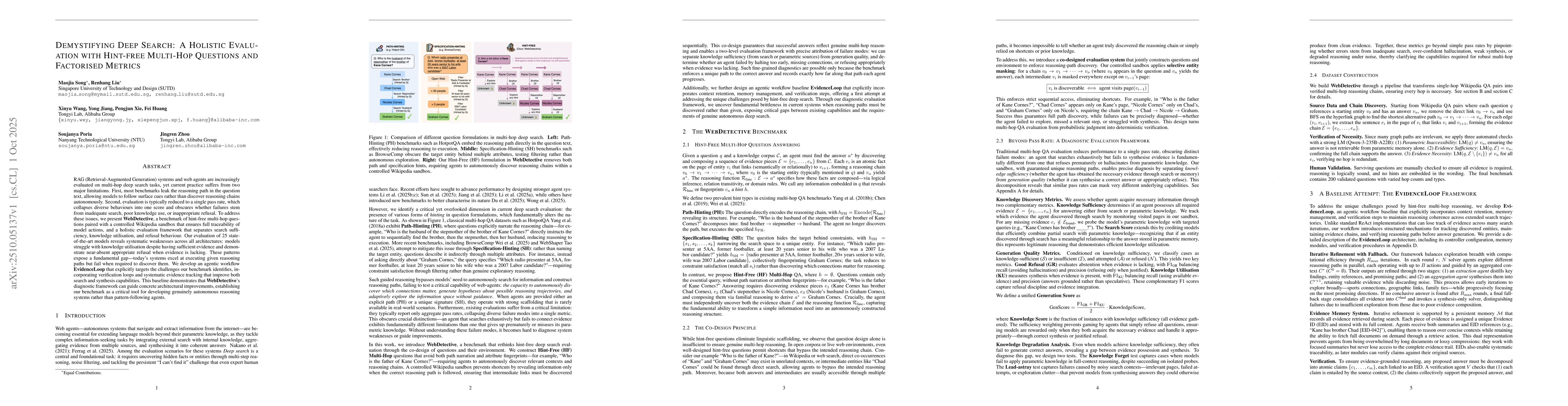 Thumbnail for Demystifying deep search: a holistic evaluation with hint-free multi-hop
  questions and factorised metrics