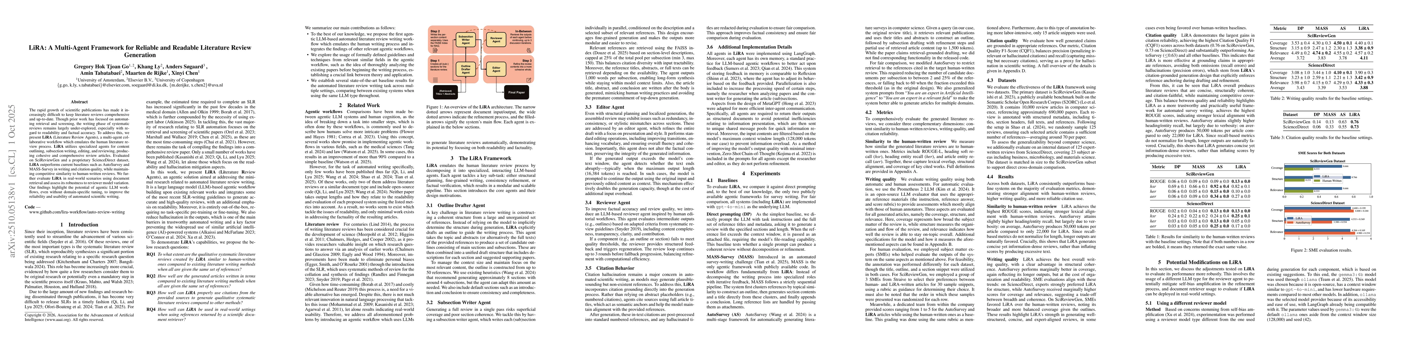 Thumbnail for LiRA: A Multi-Agent Framework for Reliable and Readable Literature
  Review Generation