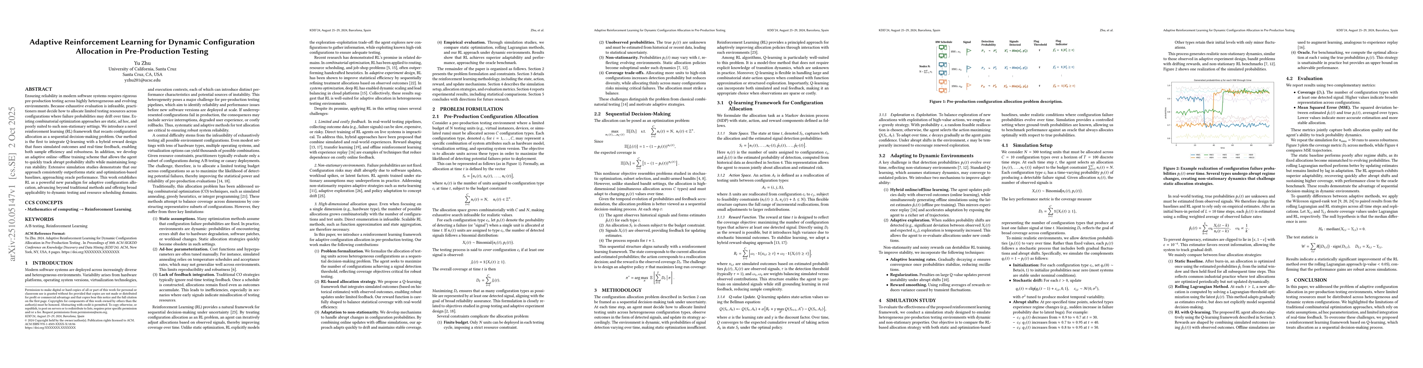 Thumbnail for Adaptive Reinforcement Learning for Dynamic Configuration Allocation in
  Pre-Production Testing