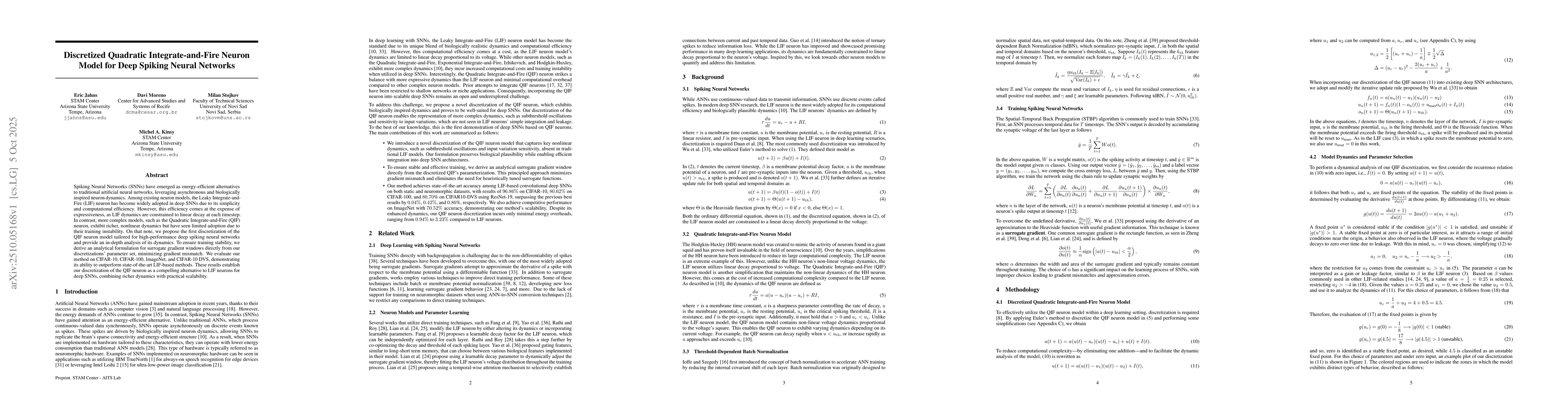 Thumbnail for Discretized Quadratic Integrate-and-Fire Neuron Model for Deep Spiking
  Neural Networks