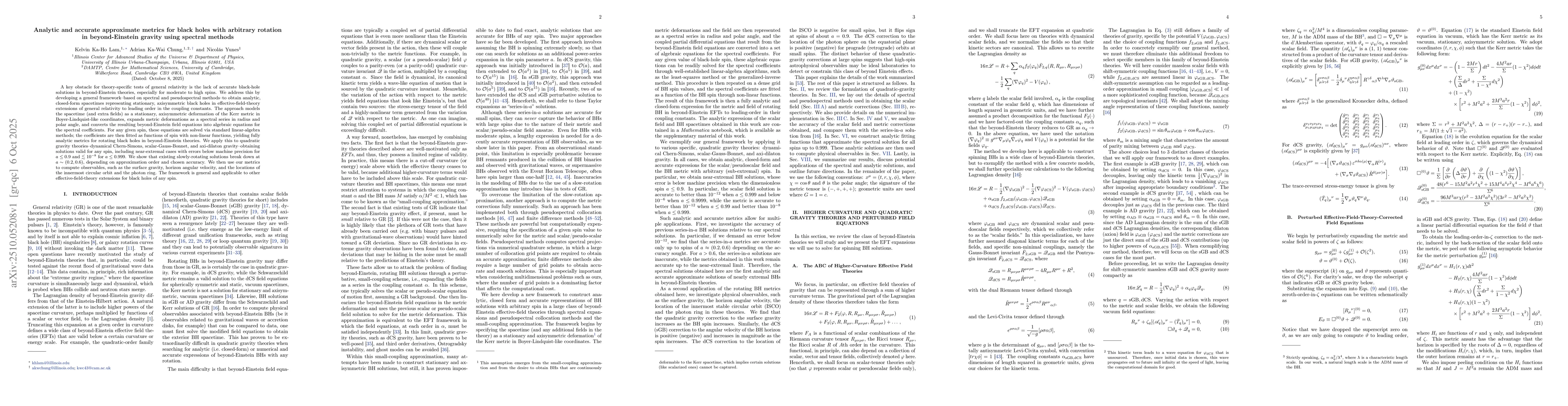 Thumbnail for Analytic and accurate approximate metrics for black holes with arbitrary
  rotation in beyond-Einstein gravity using spectral methods