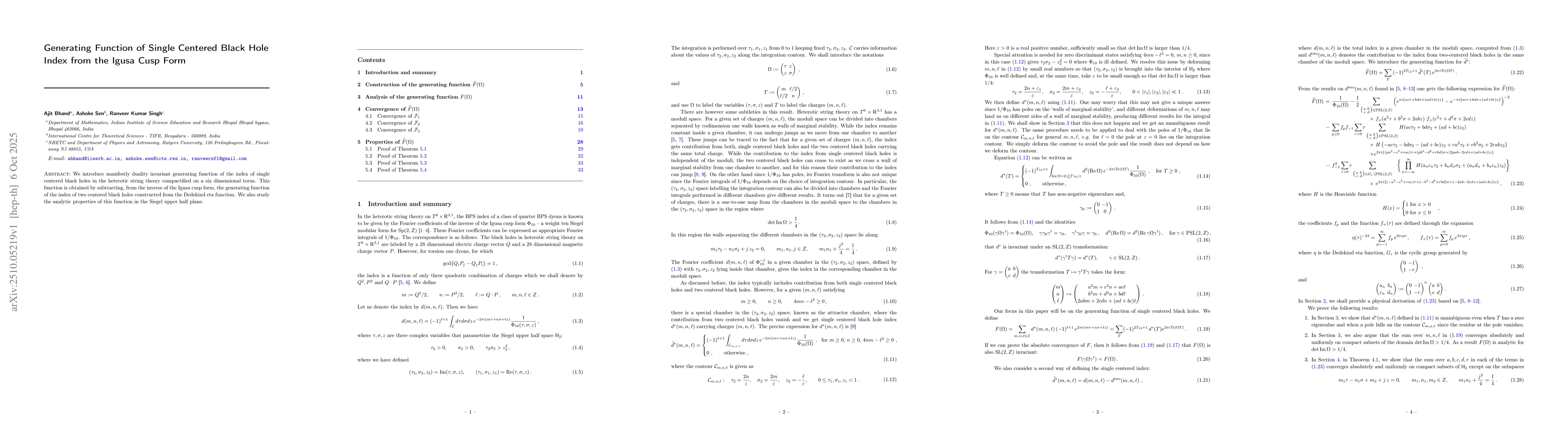 Thumbnail for Generating Function of Single Centered Black Hole Index from the Igusa
  Cusp Form