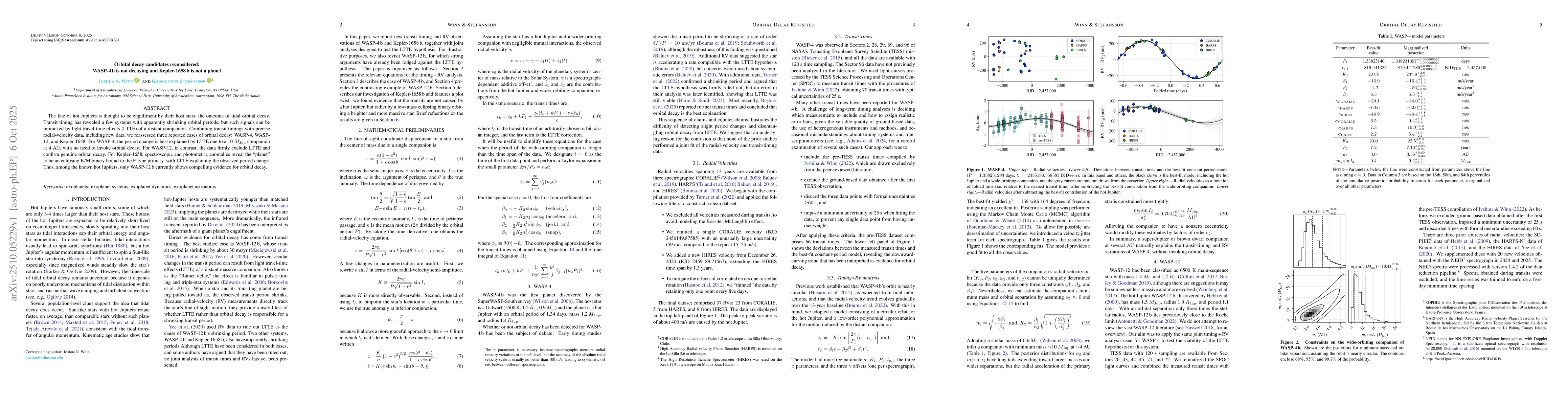 Thumbnail for Orbital decay candidates reconsidered: WASP-4 b is not decaying and
  Kepler-1658 b is not a planet