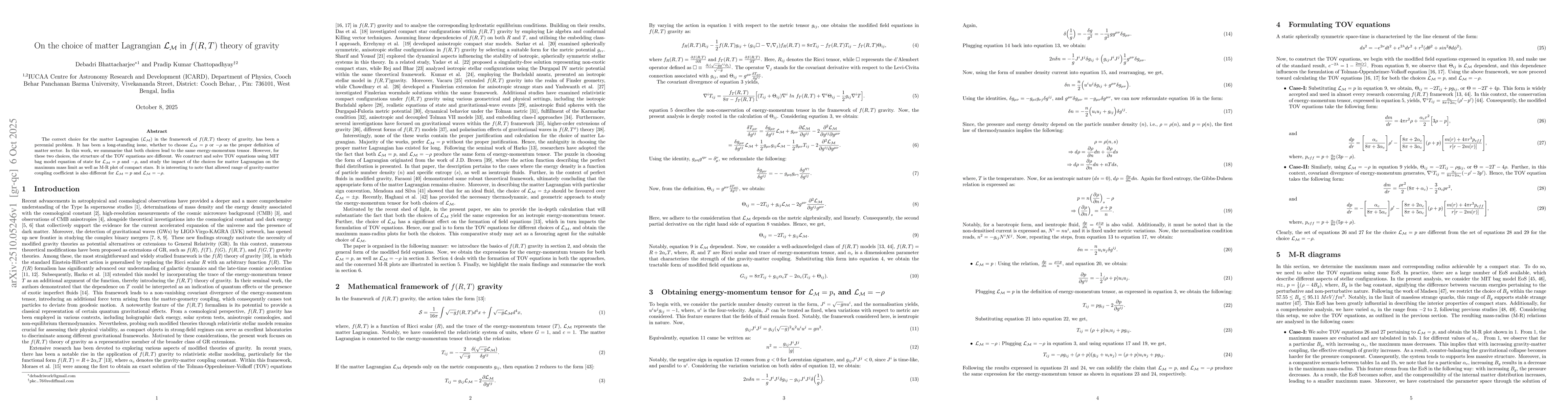 Thumbnail for On the choice of matter Lagrangian $\mathcal{L_{M}}$ in $f(R,T)$ theory
  of gravity