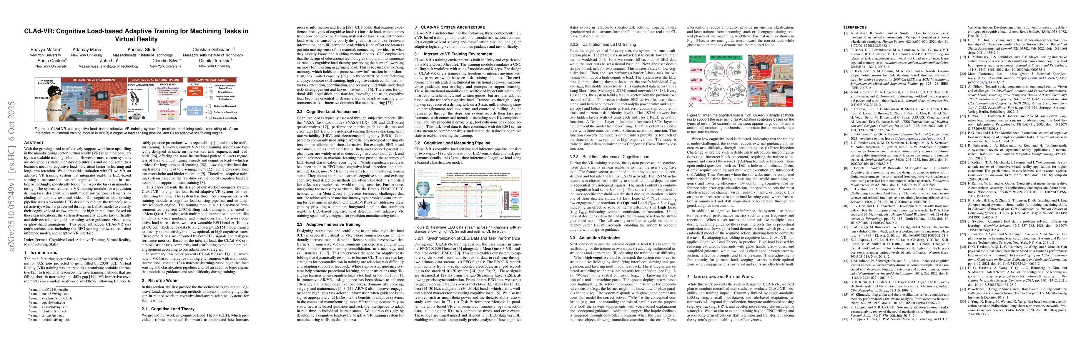 Thumbnail for CLAd-VR: Cognitive Load-based Adaptive Training for Machining Tasks in
  Virtual Reality