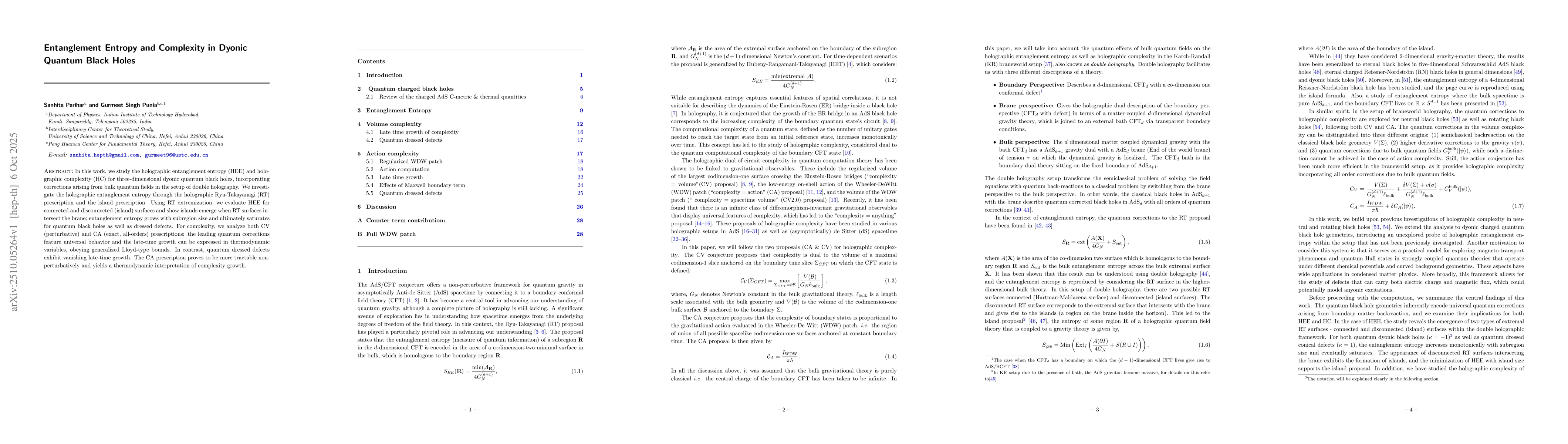 Thumbnail for Entanglement Entropy and Complexity in Dyonic Quantum Black Holes